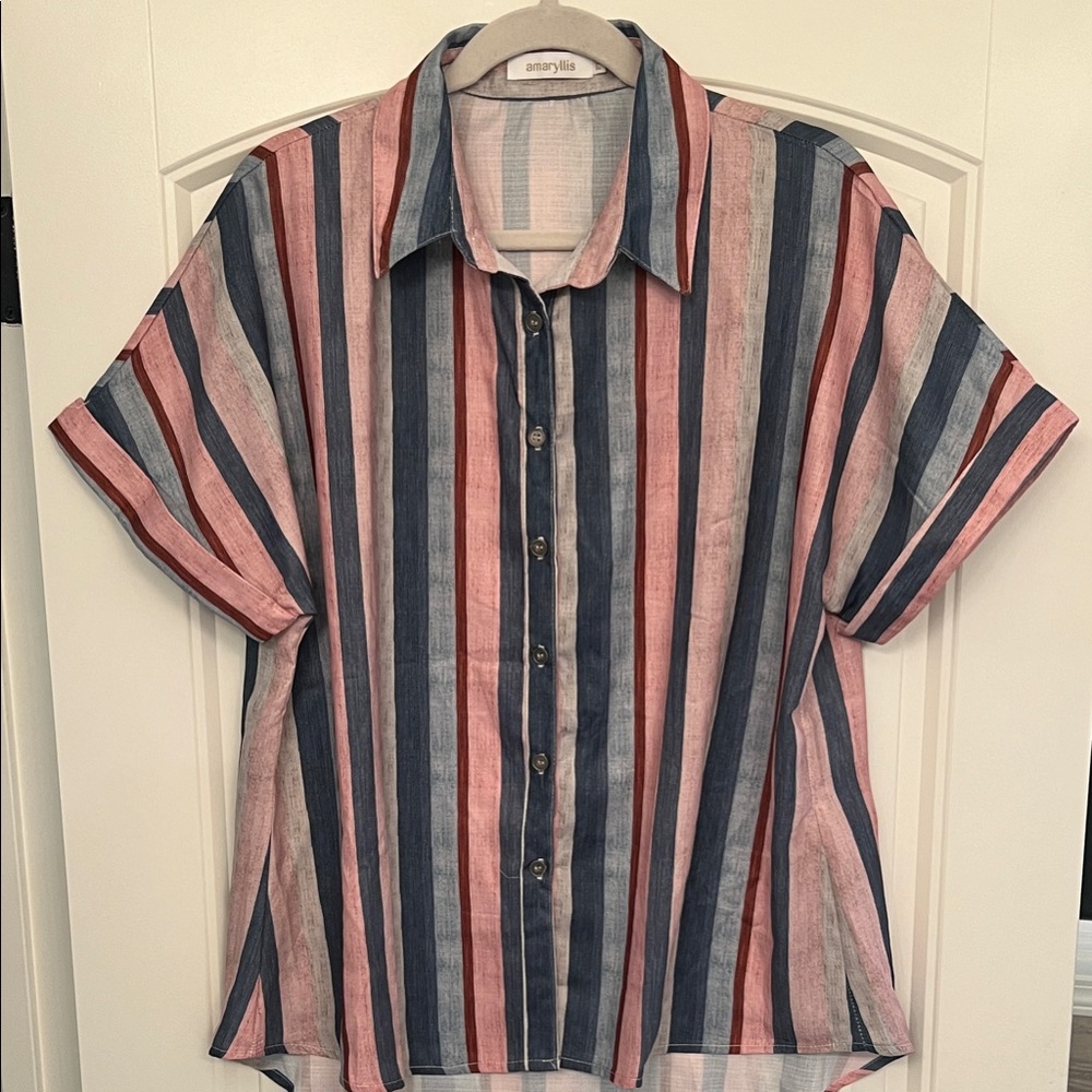 Amaryllis Women’s Pink and Blue Striped Metal Button Down Shirt Sz 1X NWOT